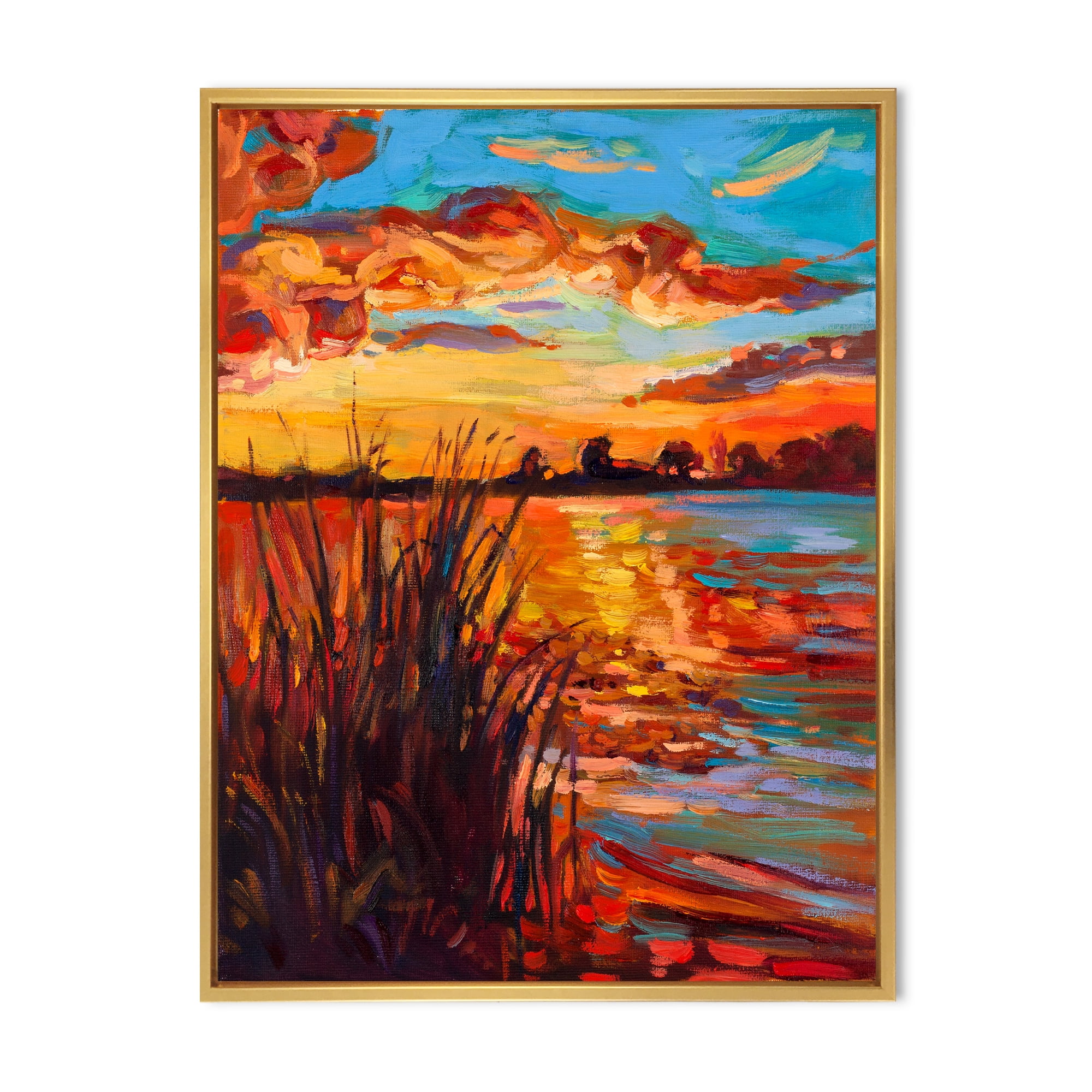 The Lake At Sunset Evening Glow I 30 in x 40 in Framed Painting Canvas Art Print, by Designart