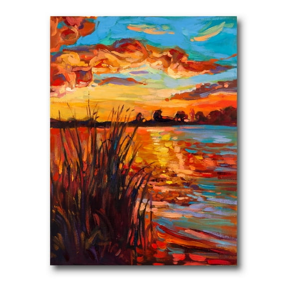 The Lake At Sunset Evening Glow I 8 in x 12 in Painting Canvas Art Print, by Designart