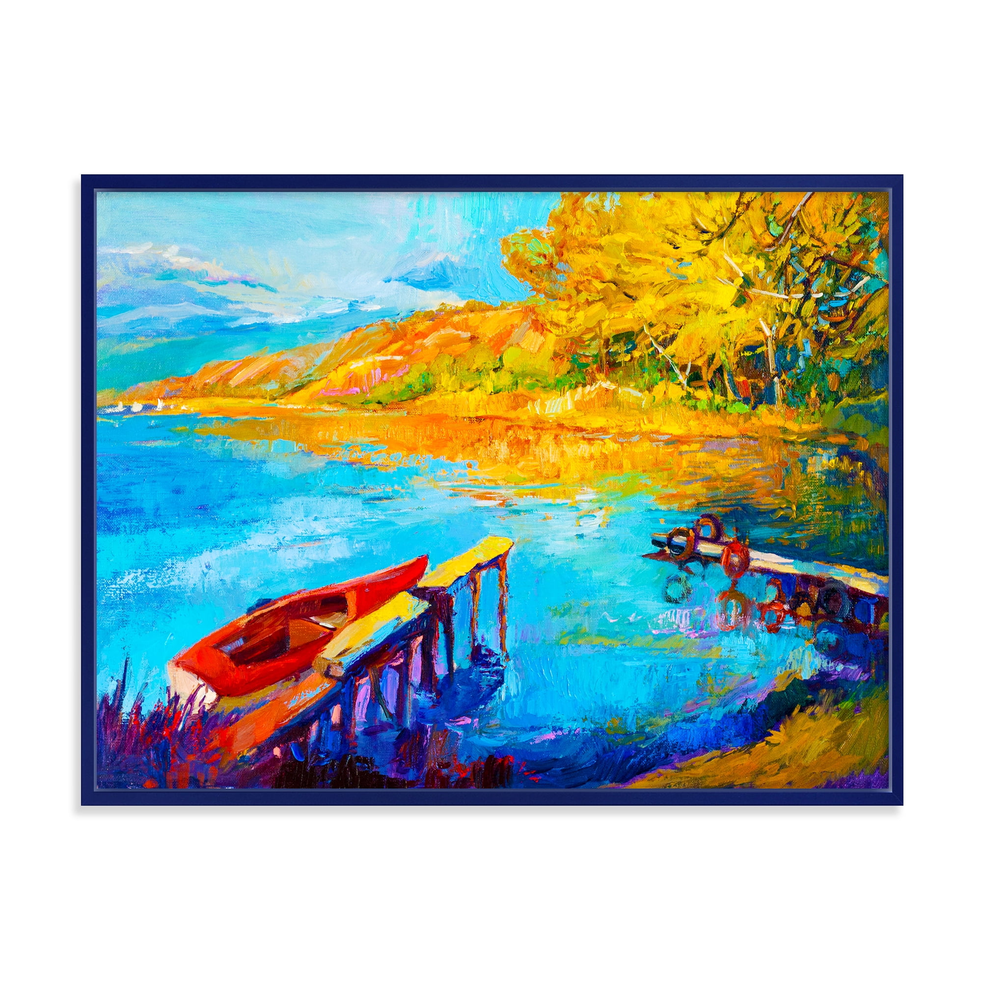 The Lake At Sunset Evening Glow II 32 in x 24 in Framed Painting Canvas Art Print, by Designart