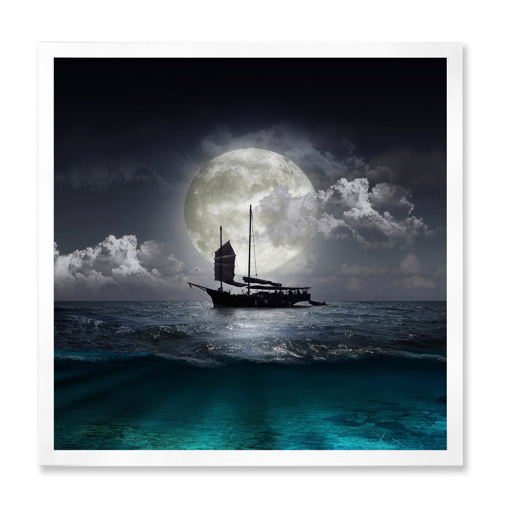 The Lake During Full Moon With Fisher Boat 16 in x 16 in Framed Photography Canvas Art Print, by Designart