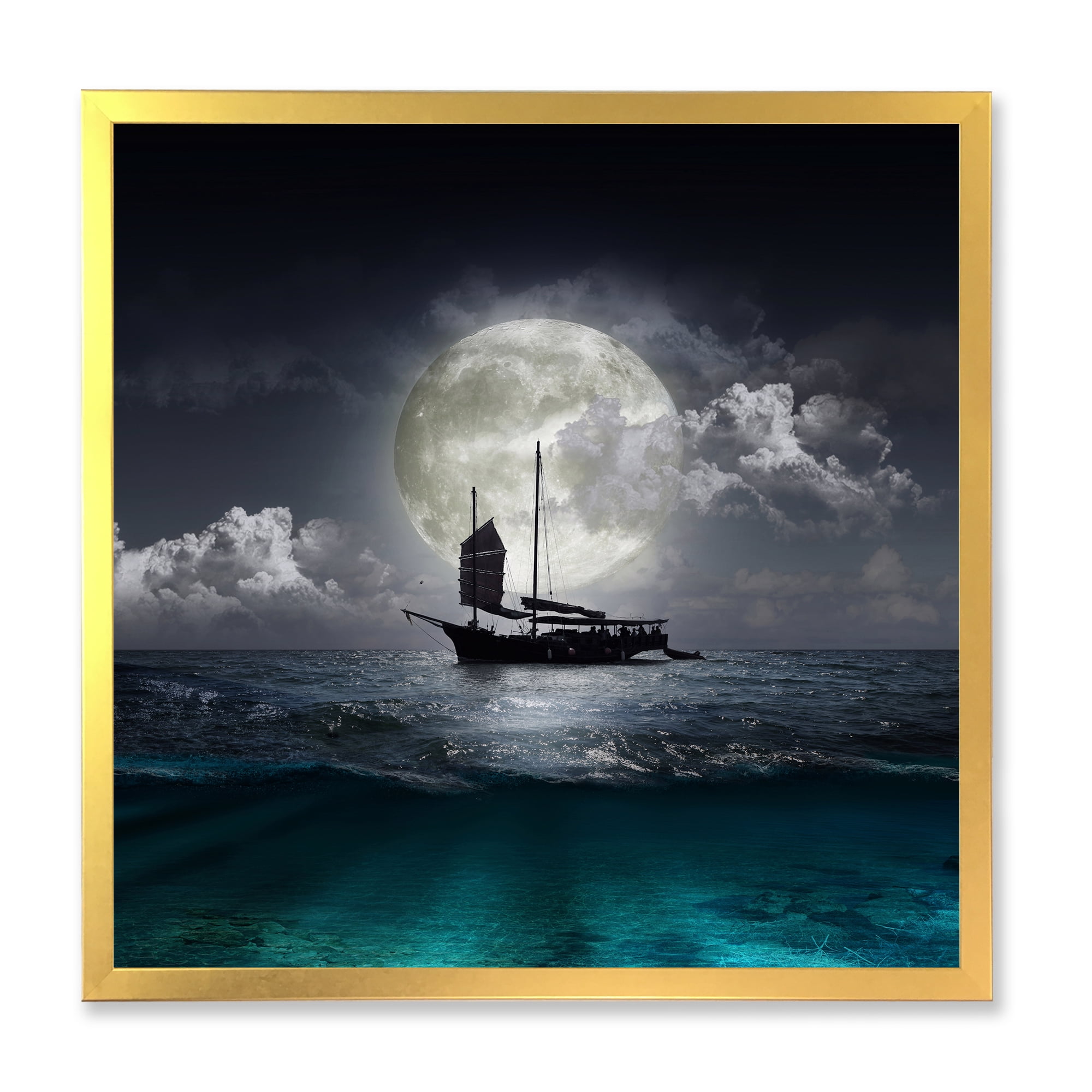 The Lake During Full Moon With Fisher Boat 16 in x 16 in Framed Photography Canvas Art Print, by Designart