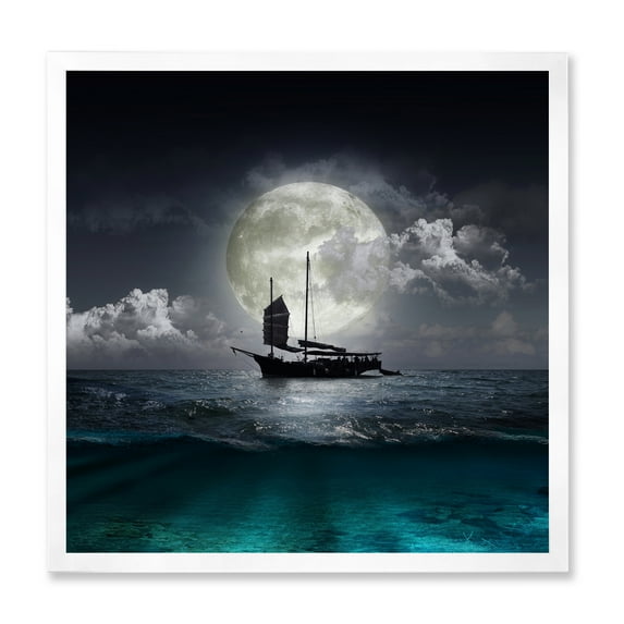 The Lake During Full Moon With Fisher Boat 36 in x 36 in Framed Photography Canvas Art Print, by Designart