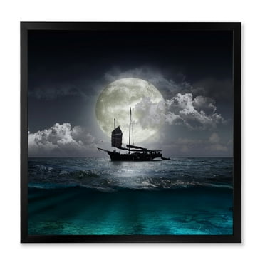 The Lake During Full Moon With Fisher Boat 36 in x 36 in Framed Photography Canvas Art Print, by Designart