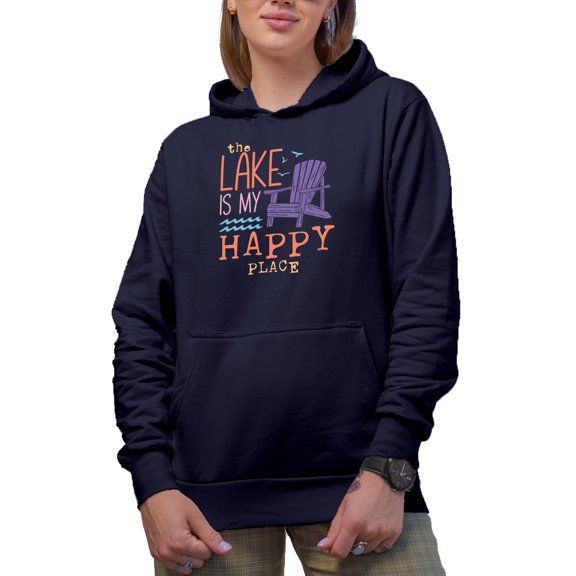 The Lake Is My Happy Place Quote Merch Gift, Navy Blue Hooded Sweatshirt or Hoodie, 3XL