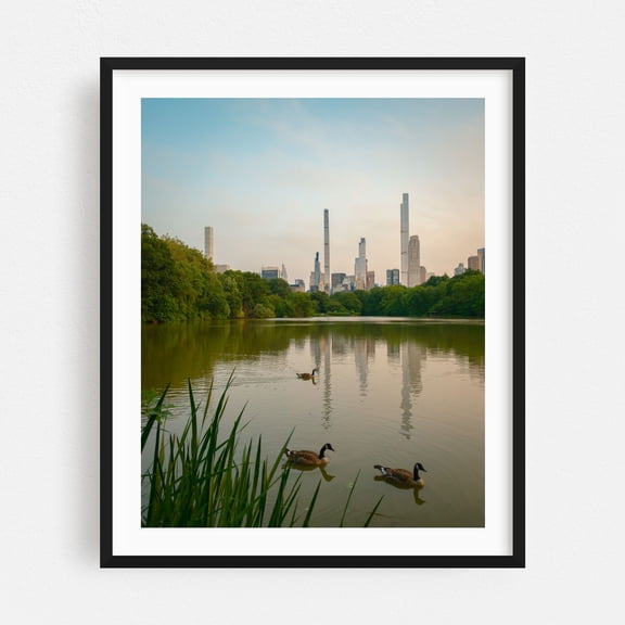The Lake at Sunset, Central Park 02 - Manhattan New York Photography Black Framed Wall Art Print 16 x 20 inches