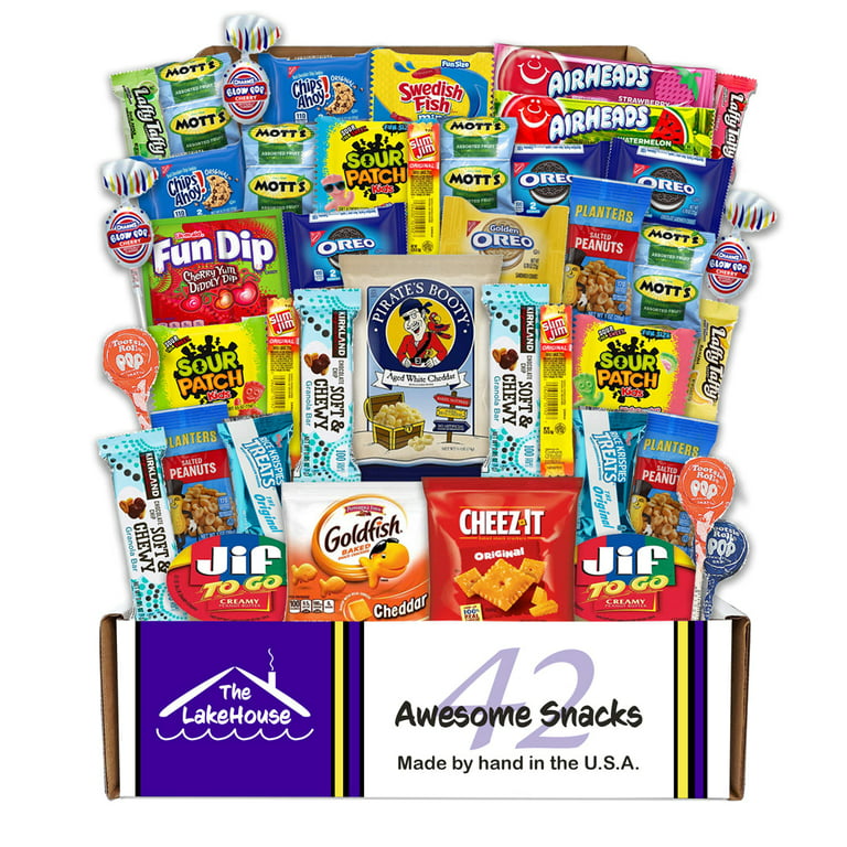 The LakeHouse Salty Sweet 42 Snack Box - Camp Care Package for Kids -  Snacks Variety Pack for Kids - College Care Package Candy Gift Basket -  Snack