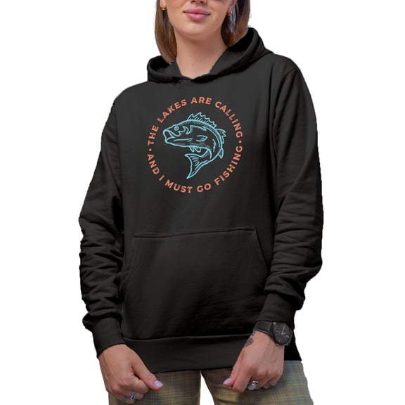The Lakes Are Calling and I Must Go Fishing Quote & Lake Fish Art Merch Gift, Black Hooded Sweatshirt or Hoodie, Small