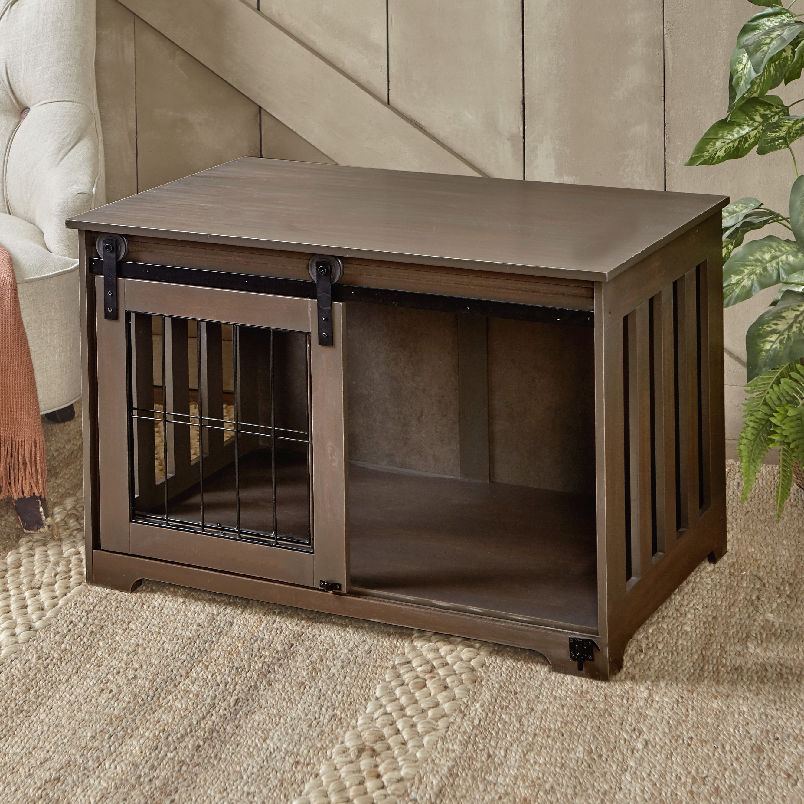 The Lakeside Collection Barn Door Pet Crate for Dogs & Cats (Rustic