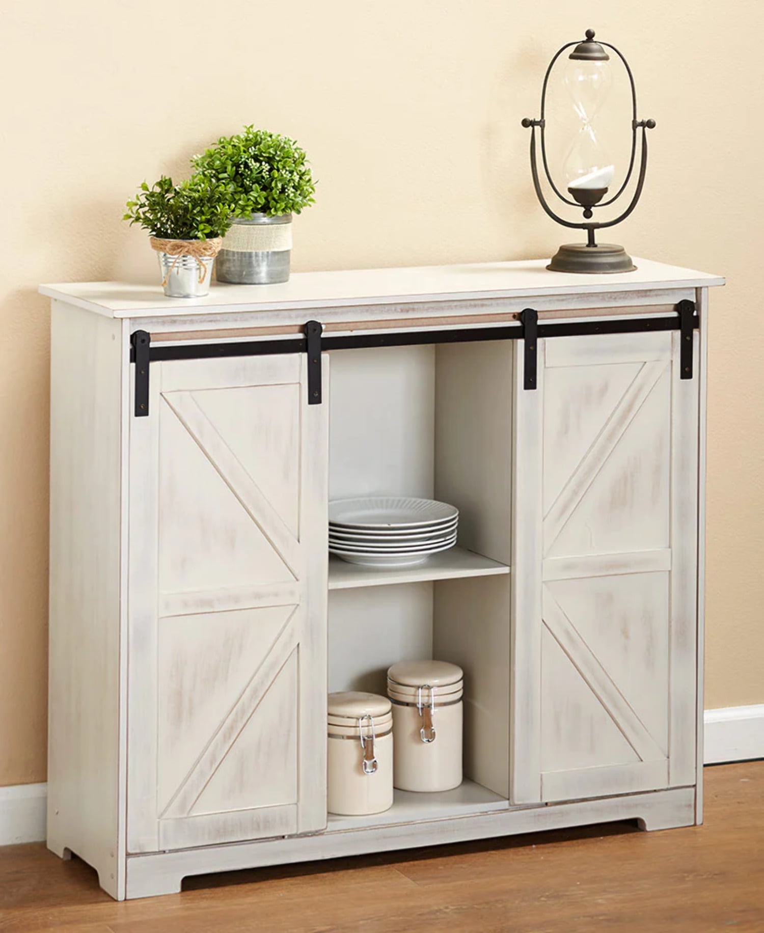 The Lakeside Collection Distressed Sideboard Buffet Cabinet with Sliding Rail Barn Doors