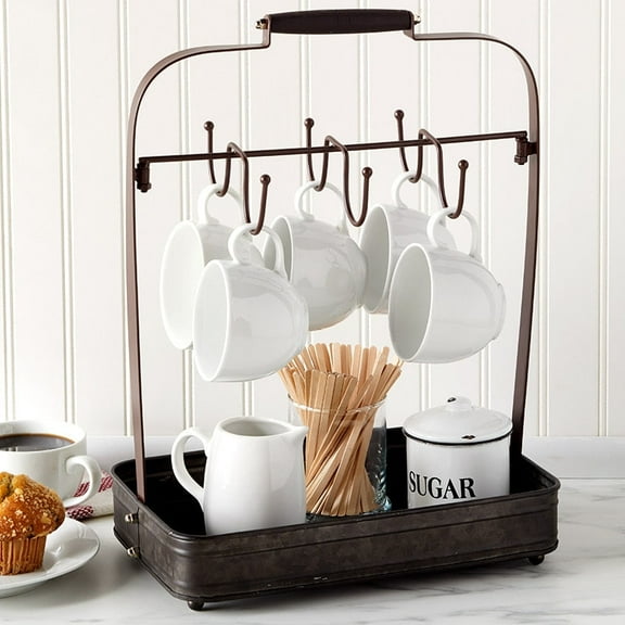Farmhouse Coffee Mug Rack Tray Kitchen Organizer Decor Black