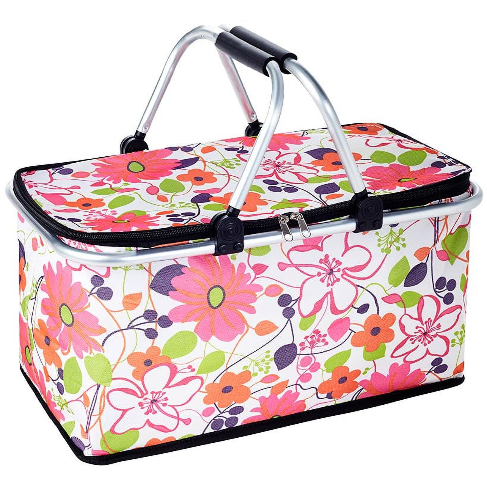 Floral Insulated Picnic Basket with Aluminum Handles