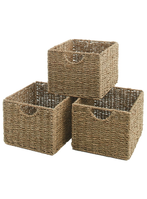 The Lakeside Collection Set of 3 Wicker Storage Basket Bins for Organizing Closet Shelf, Bathroom, Crafting, Kitchen, or Kids Room - Empty Handwoven Seagrass Cubes with Handle for Tidy Organization