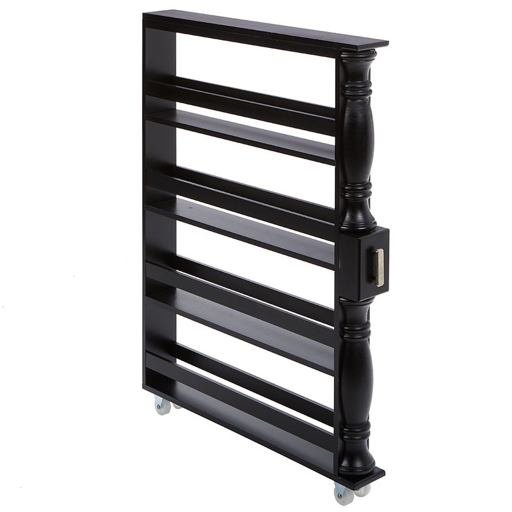 Slim Black Wooden Rolling Kitchen Cart with 4 Shelves