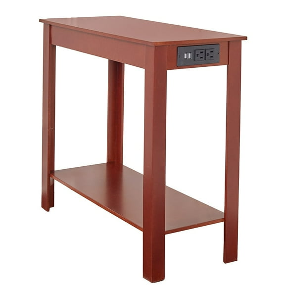 The Lakeside Collection Slim Modern Side Table with Power Outlets and USB Ports, Shelf for Storage, Walnut