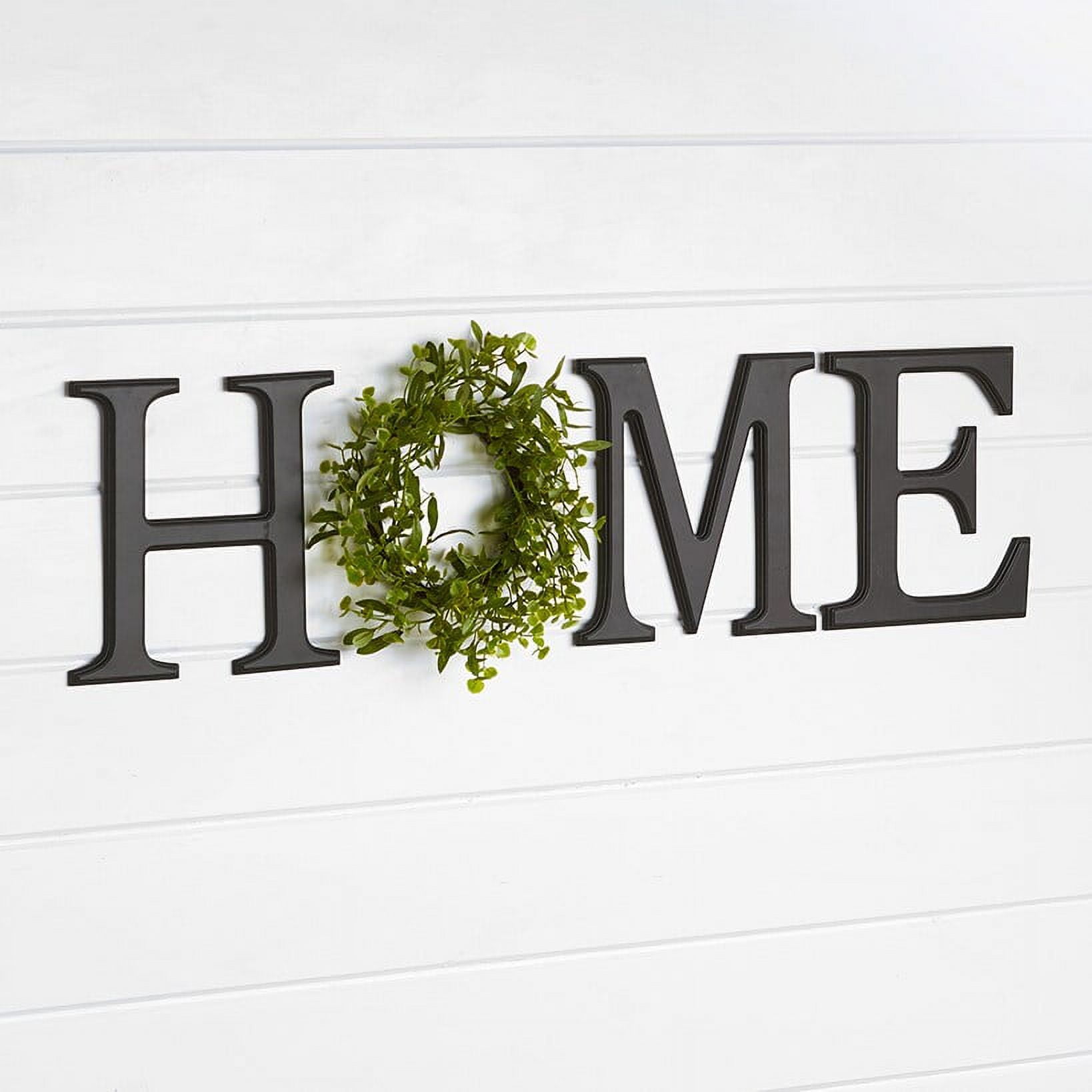 Black Wooden HOME Letters with Faux Greenery Wreath