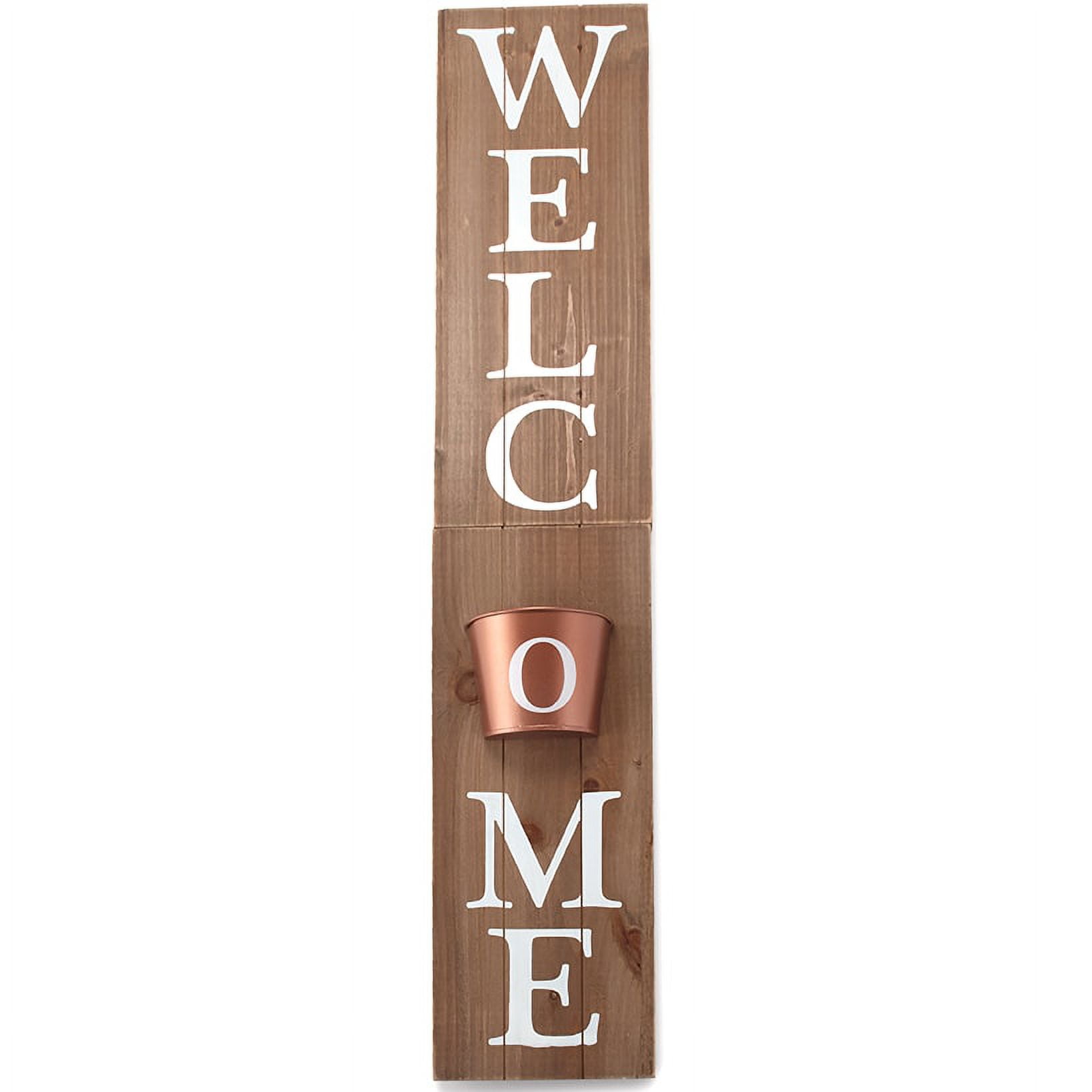 Rustic Brown Wooden Welcome Sign with Copper Planter