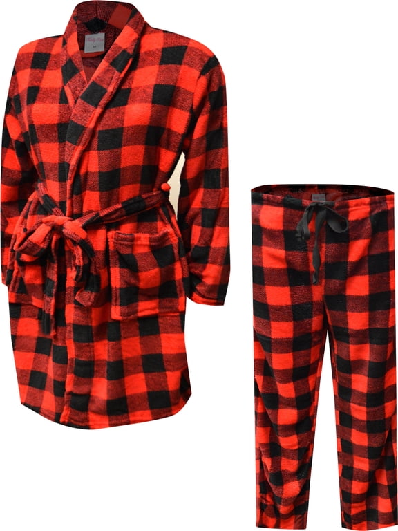 Womens Red and Black Buffalo Plaid Print Plush Robe and Loungepant Set (3X)
