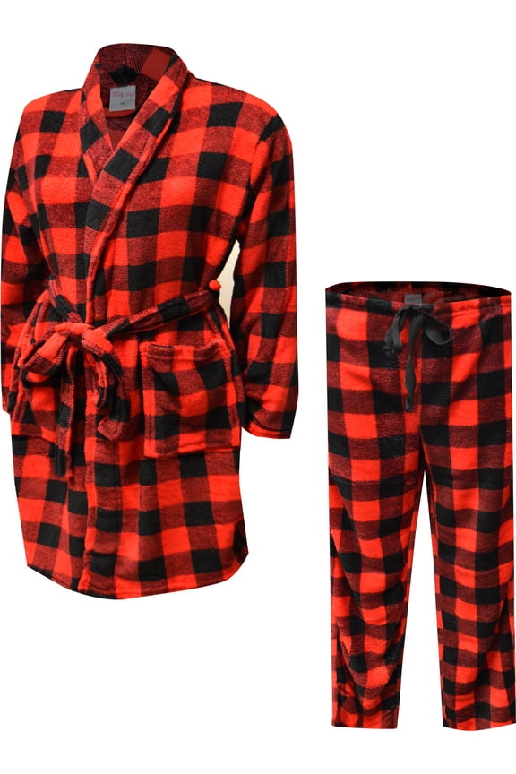 Womens Red and Black Buffalo Plaid Print Plush Robe and Loungepant Set (3X)