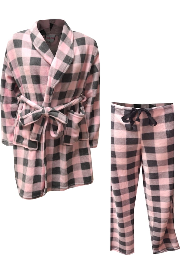 Womens Soft Pink and Gray Buffalo Plaid Print Plush Robe and Loungepant Set