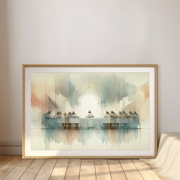 The Last Supper, Blue Watercolor Style Landscape Scene, Christian Wall Art UNFRAMED PAPER POSTER, Home Decor, Vintage Gift, Living Room Dercor