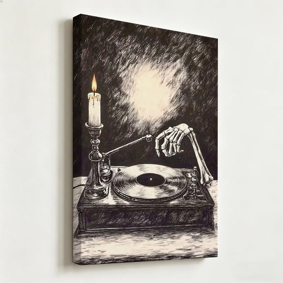 "The Last Track" Gothic Skeleton Hand Canvas Art, Dark Academia Vinyl Record Player Print, Matte Finish Gallery Wrapped Vintage Ink Wall Decor 8*12