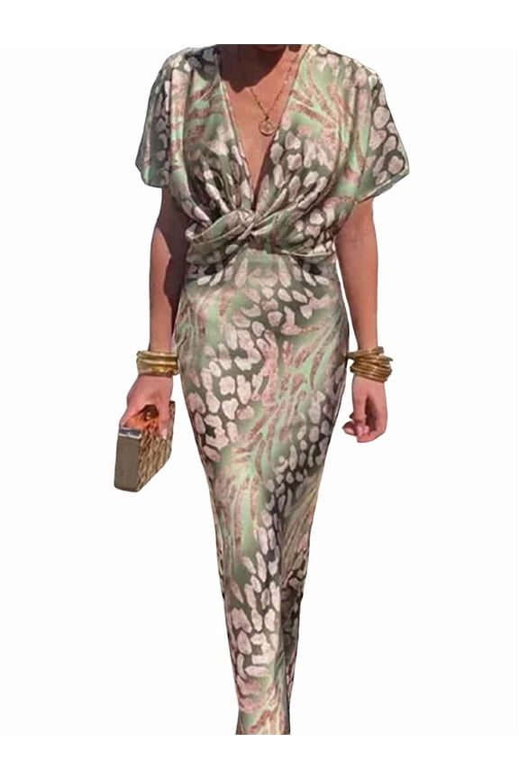 The Latest Women'S Floor-Length Dress with Floral Print, Short Sleeves V-Neck Wrap Style Sage Green & Pink As Shown M