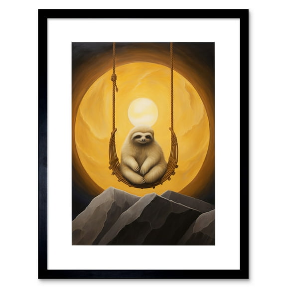 The Lazy Overlord Sloth at Full Moon Abstract Surrealist Painting Artwork Framed Wall Art Print 9X7 Inch