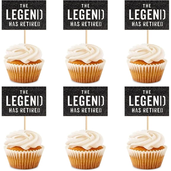 The Legend Has Retired Cupcake Toppers, Black, Retirement Party Cake Decorations, 12 Count