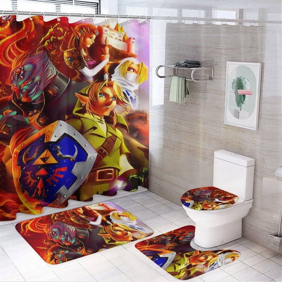 The Legend of Zelda 4 Pcs Shower Curtain Sets with 12 Hooks Non-Slip Rugs U-Shaped Bath Mat, Toilet Cover, Bathroom Sets with Shower Curtain And Rugs And Accessories