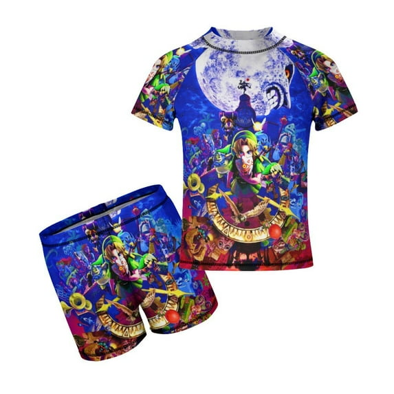 The Legend of Zelda Boys Two Piece Swimsuit Kids Swimwear Set Short Sleeve Bathing Suit Trunks And Shirt
