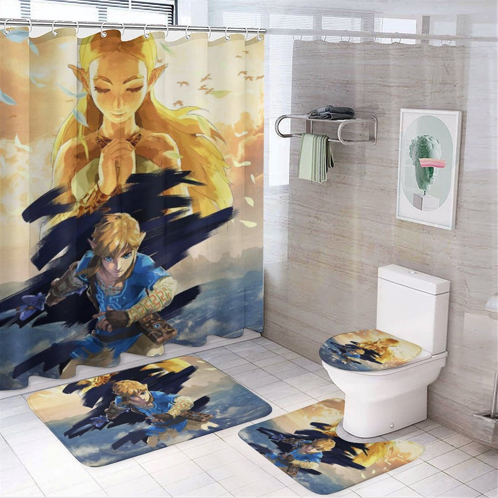 The Legend of Zelda Shower Curtain Set 4-Piece Bathroom Set with Non ...