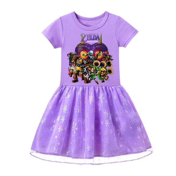 The Legend of Zelda Summer Cotton Dress for Girls: Short Sleeve, Tulle Trim with Lovely Graphic Prints