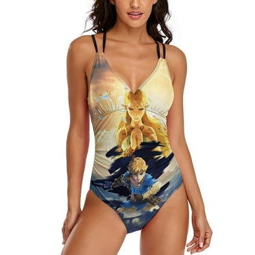 The Legend of Zelda Women's One Piece Swimsuits Tummy Control Bathing Suits V Neck Double Straps Swimwear Slimming S