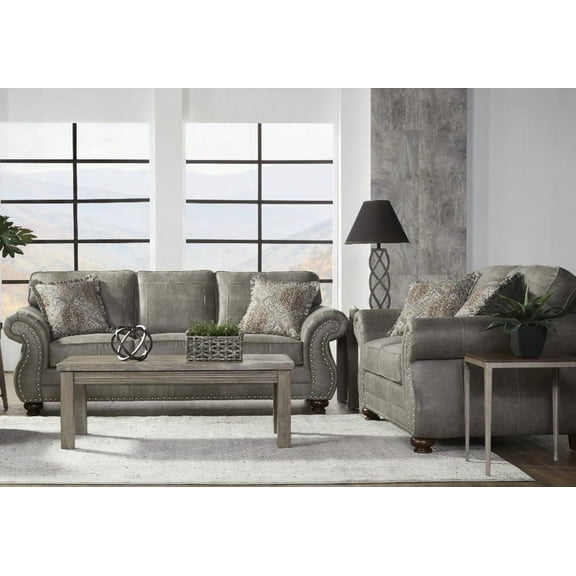 The Leinster Faux Leather Living Room Set: Sofa & Loveseat with Nailhead