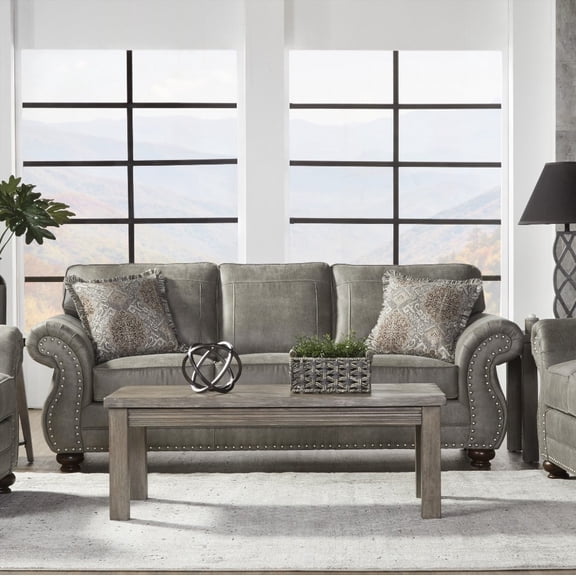 The Leinster Faux Leather Living Room Sofa Featuring Nailhead Details and Gray Fabric