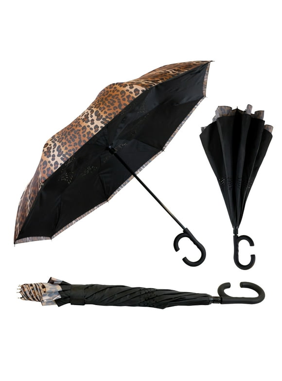 The Leopard Vice Versa 46" Inverted Inside Out Leopard Print Reversible Umbrella with C-Shaped Handle, Self Standing Reverse Umbrella, Windproof Upward Umbrella for Women & Men