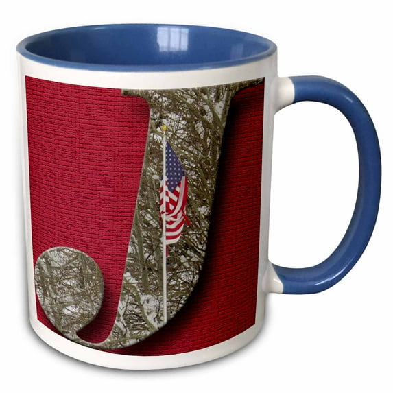 3drose, the Letter J on a Red Backdrop with an American Flag on It, 11oz Two-tone Blue Mug