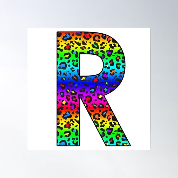 The Letter R - Monogram In Dark Rainbow Leopard Print Poster Wall Art, Modern Wall Decor For Living Room Bedroom, 8x12 UNFRAMED
