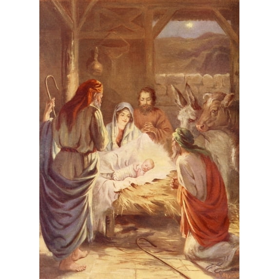The Life of Jesus c.1930 The Baby in the Manger Cradle Poster Print by W.J. Gibbs