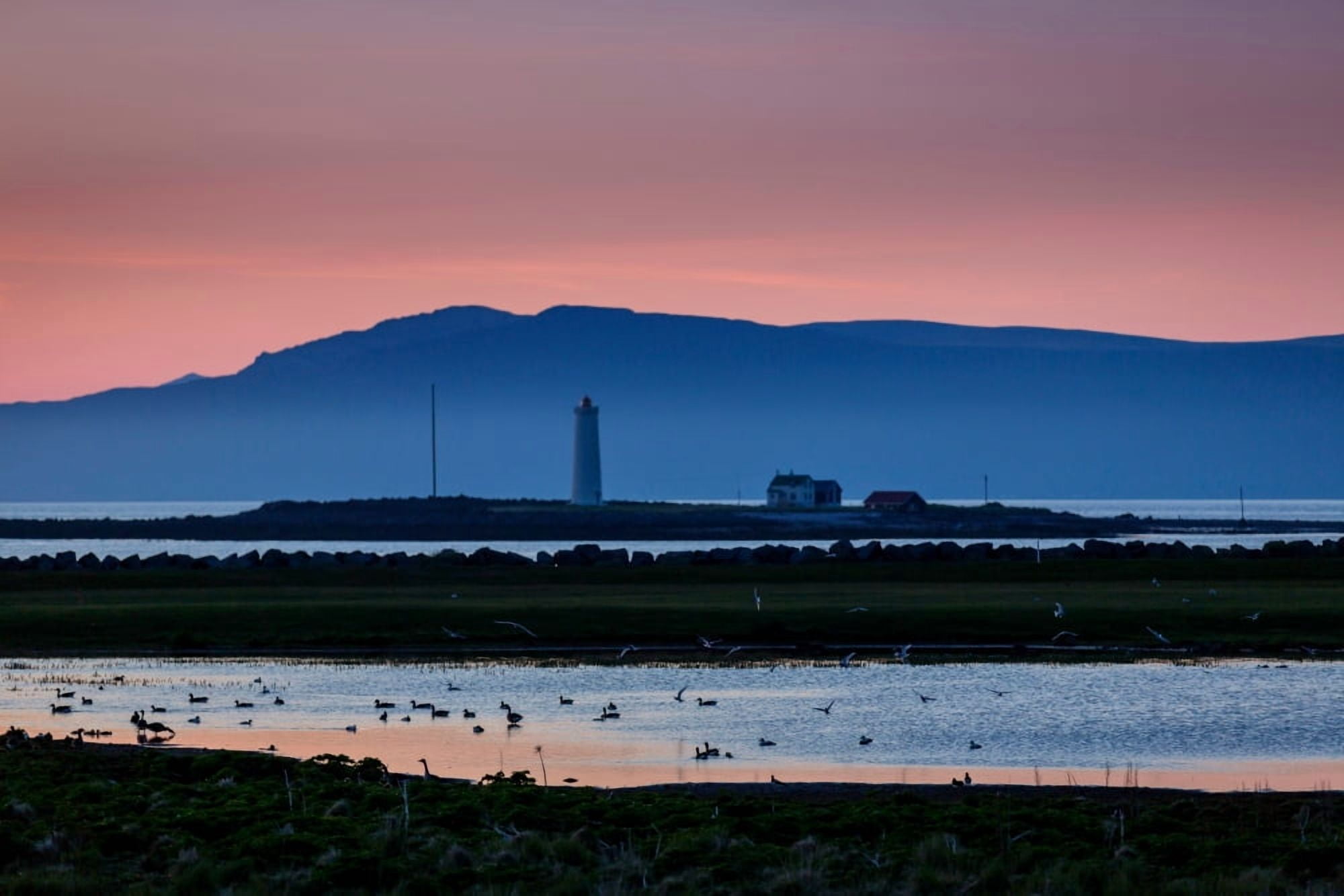The Lighthouse at Grotta under the Midnight Sun Seltjarnarnes Reykjavik Iceland Canvas Art - Panoramic Images (36 x 12)