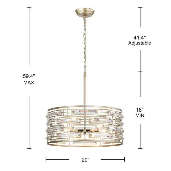 The Lighting Store Anita Drum Shade Chandelier with Clear Glass Prism 20 inches in diameter x 18 inches H - Brushed Champagne Silver