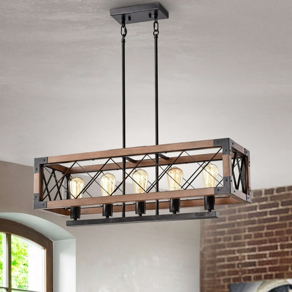 The Lighting Store Aurora Antique Black Rectangular Metal and Natural Wood Chandelier