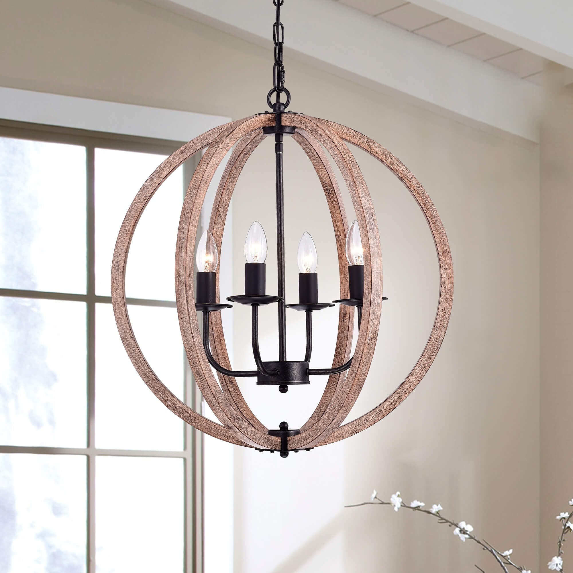 Antique Black and Natural Wood Orb Chandelier with Candle Lights