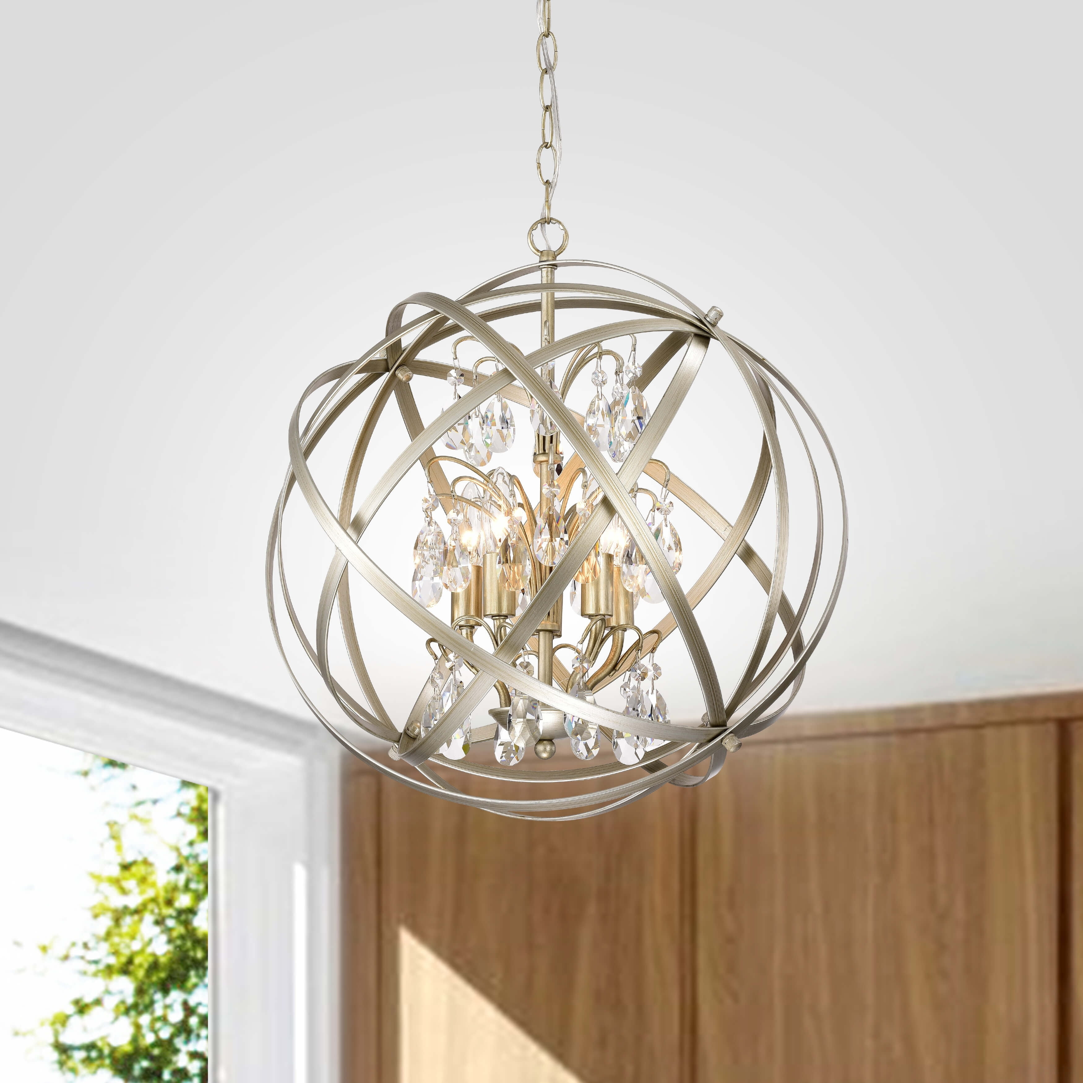 Champagne Metal and Crystal Orb 5-Light Chandelier