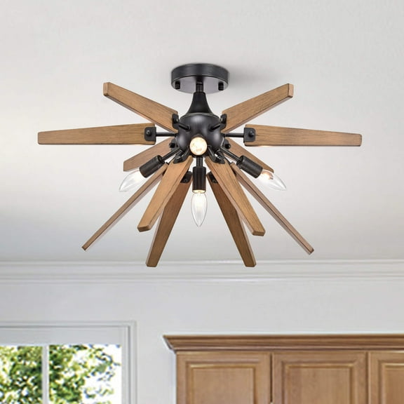 The Lighting Store Bernice 4-Light Antique Black Finish Sputnik Natural Wood Flush Mount