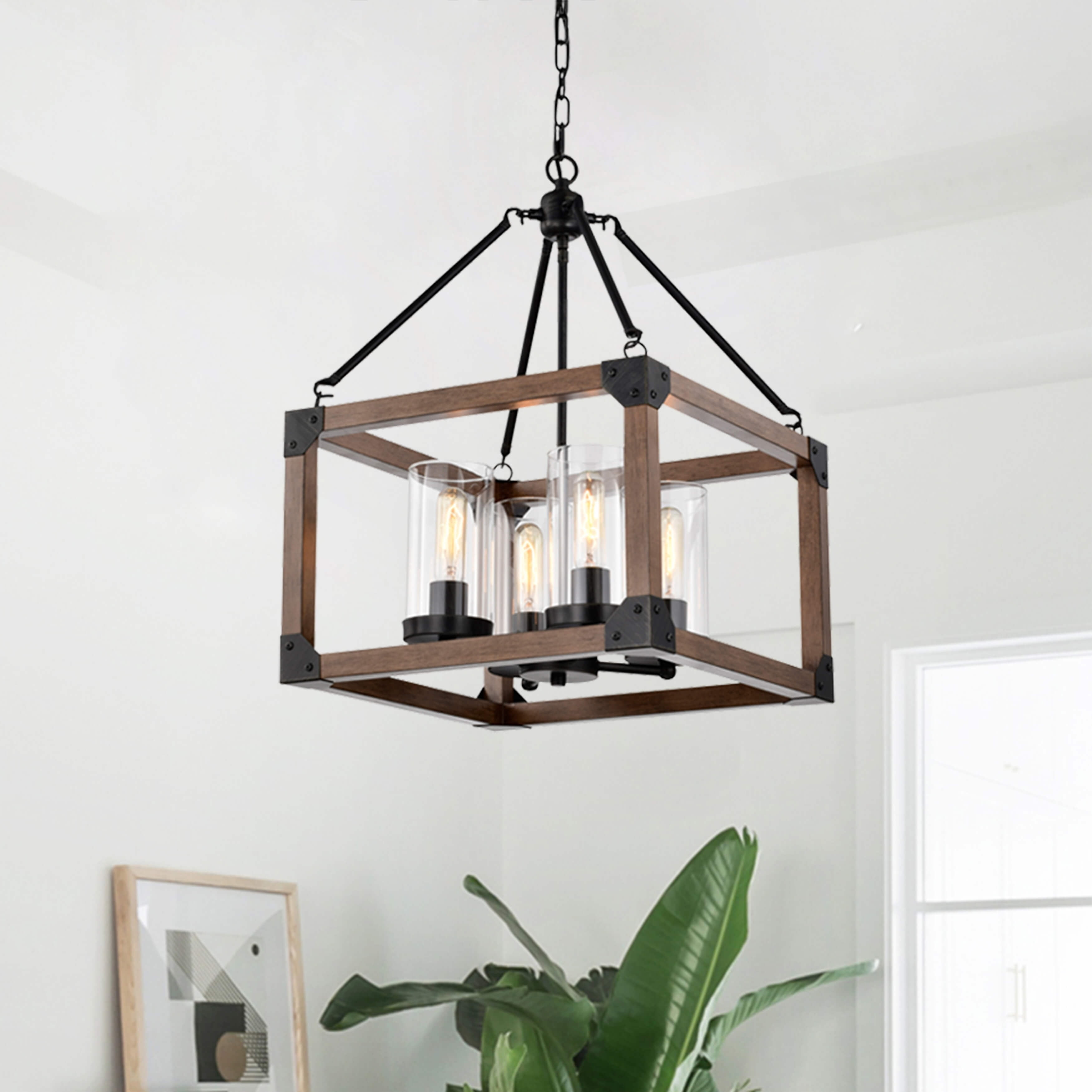The Lighting Store Daniela 4-light Antique Black Wooden Cage Glass Cylinders Cage Pendant