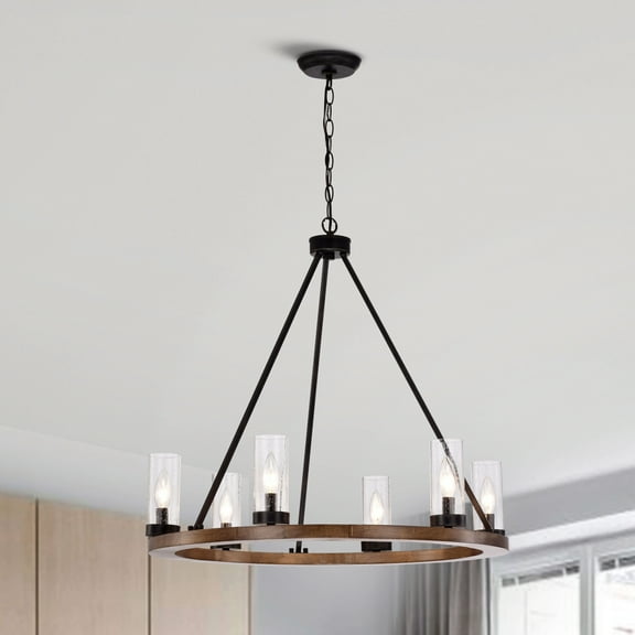 The Lighting Store Daniela Natural Wood and Antique Black Metal Bubble Glass Chandelier