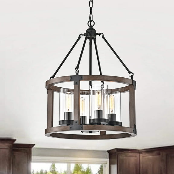The Lighting Store Daniela Pine Wood Drum Cage Glass Pendant with Antique Black Metal
