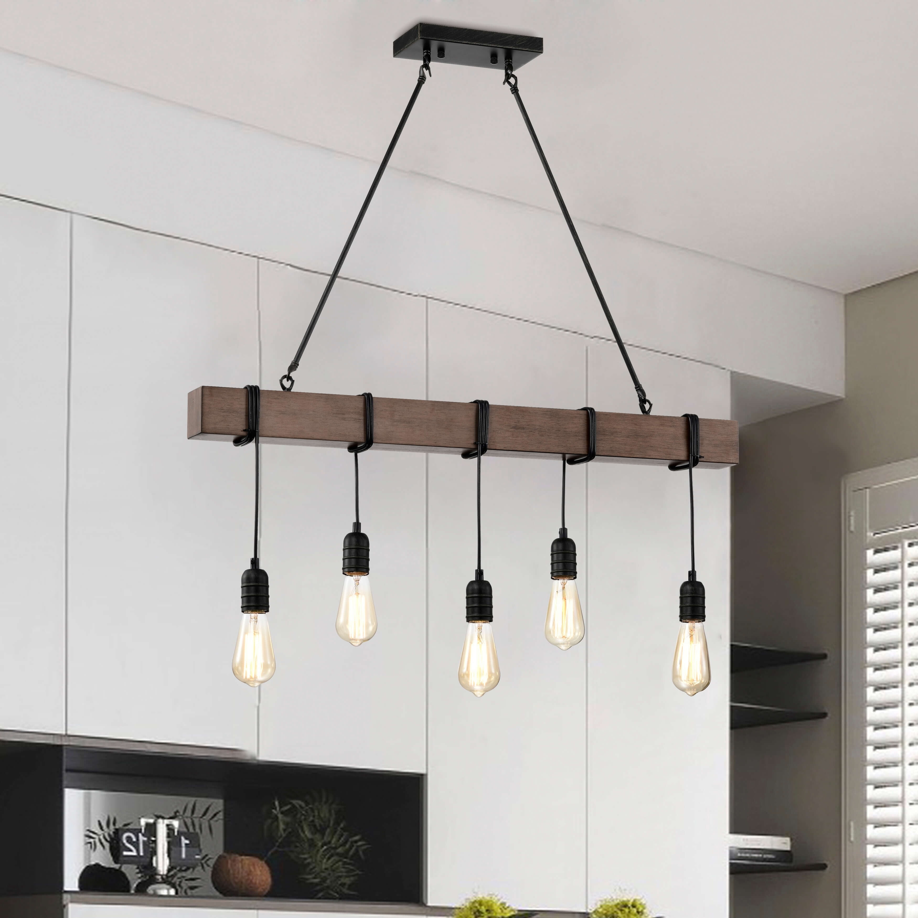 Antique Black and Natural Wood 5-Light Linear Chandelier