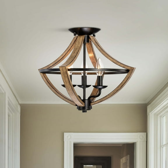 The Lighting Store Melisa Faux Wood Grain and Antique Black Metal Semi Flush Mount